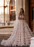 Luxurious Tiered Ruffled Train Sweetheart Ball Gown Wedding Dresses Off Shoulder Sequined Gowns