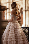 Luxurious Tiered Ruffled Train Sweetheart Ball Gown Wedding Dresses Off Shoulder Sequined Gowns