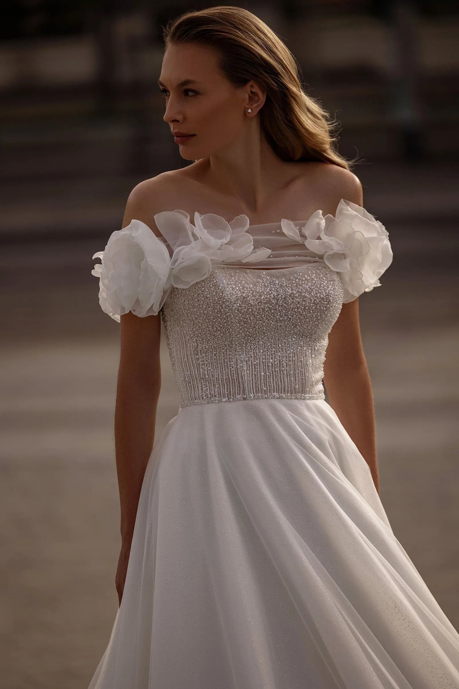 Classic 3D Flower Wedding Dress Sparkly Sequins Bride Robe Elegant A-line Long Bridal Gown Robe De Mariée