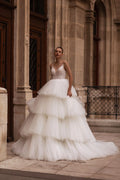 Fluffy Tiered Ballgown Bride Dress, Spaghetti Straps Sequins Lace Wedding Dresses