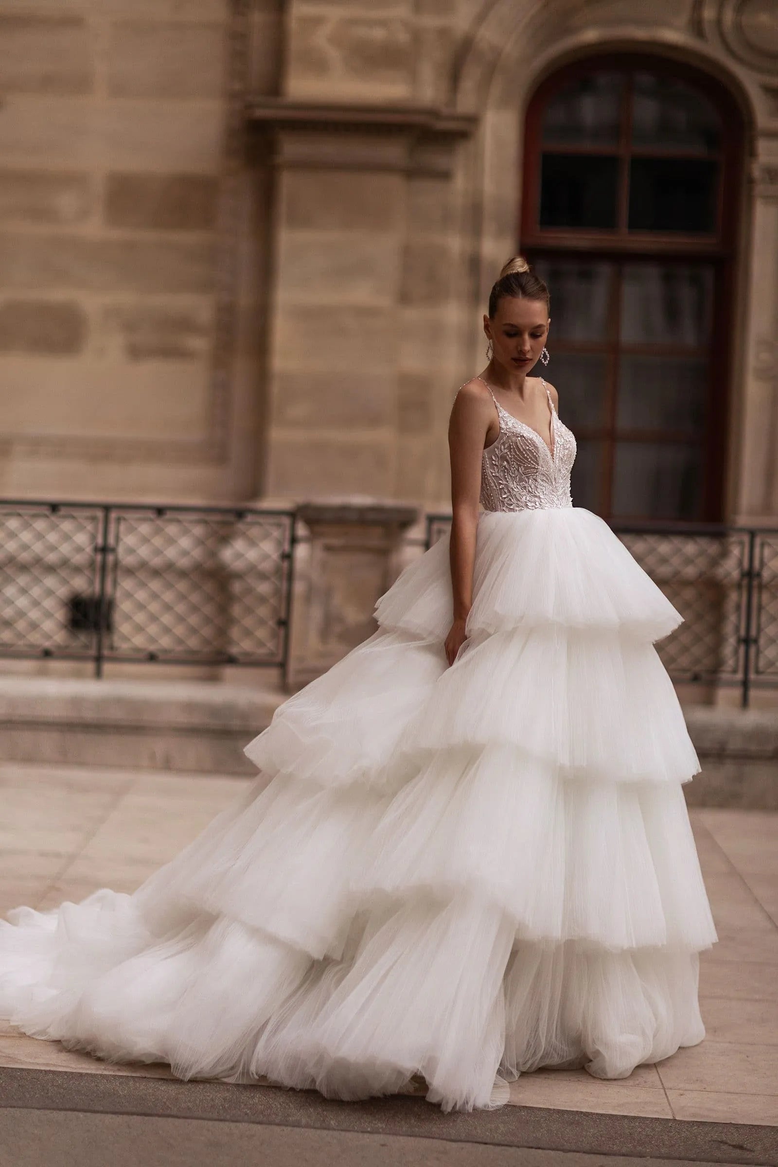 Fluffy Tiered Ballgown Bride Dress, Spaghetti Straps Sequins Lace Wedding Dresses