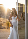 Simply White Mermaid Wedding Dress Strapless Deep V-Neck Satin Long Train Bridal Gowns Bow Lace up Back vestido de noiva