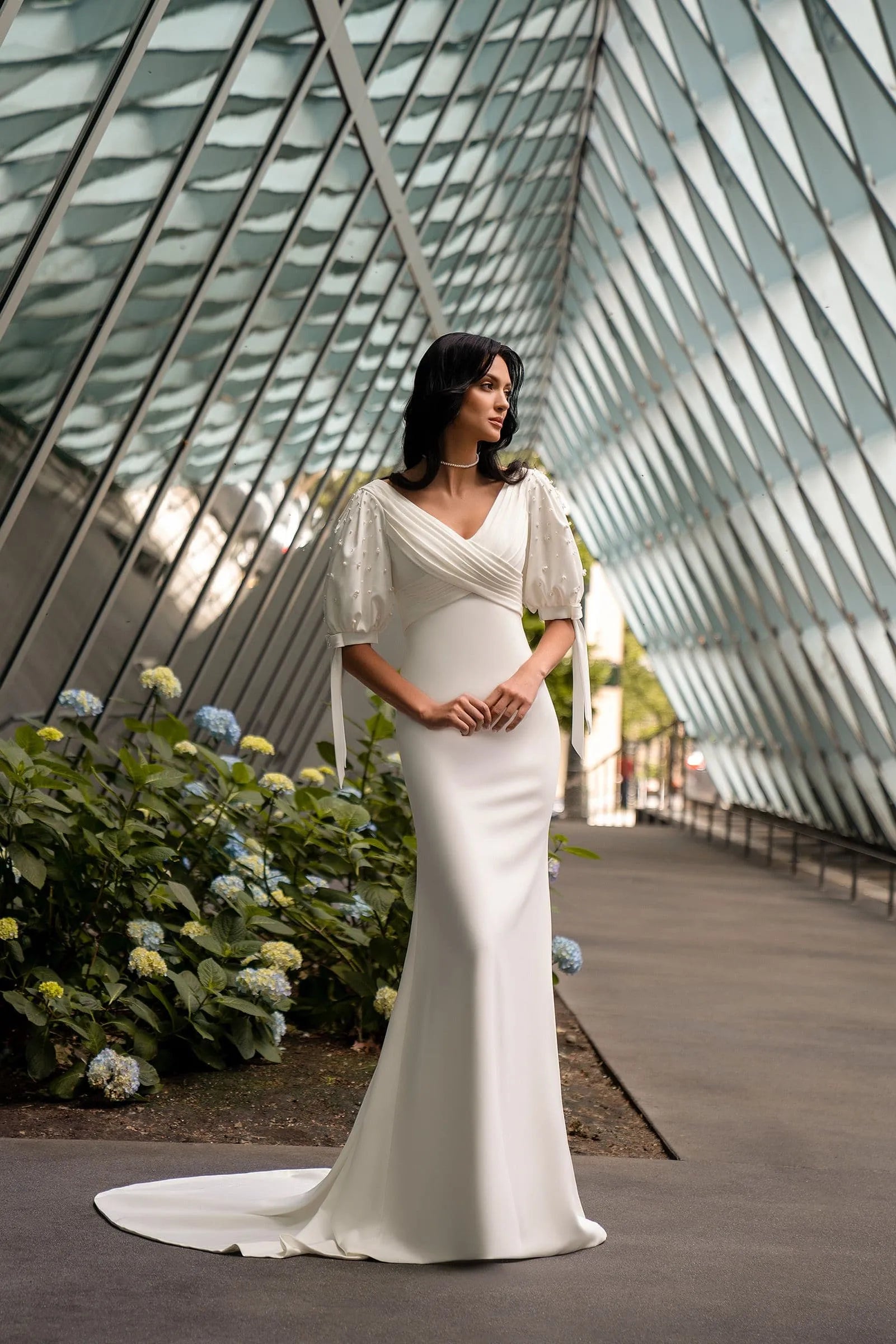 Half Sleeves Reception Wedding Dress for Women, Sheath Long Satin Bride Dresses Customized V Neck Court Train Bridal Gown