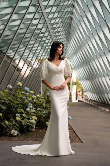 Half Sleeves Reception Wedding Dress for Women, Sheath Long Satin Bride Dresses Customized V Neck Court Train Bridal Gown
