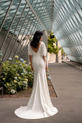 Half Sleeves Reception Wedding Dress for Women, Sheath Long Satin Bride Dresses Customized V Neck Court Train Bridal Gown