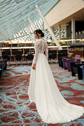 Civil Applique A Line Wedding Dress O-Neck Long Sleeve Chiffon Bride Gown Illusion Open Back With Button Customized
