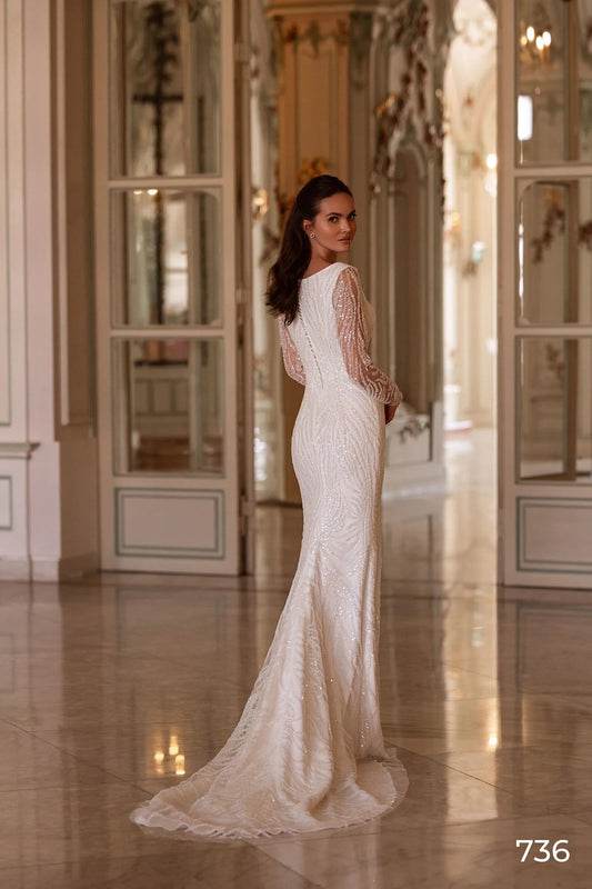 Modest Long Sleeve Bridal Dress Sparkly Sequins Beads Wedding Gown