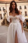 Beach Tulle Off The Shoulder Wedding Dresses Modern Sweetheart A-Line Bridal Gowns Pleated Sleeves