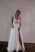 Elegant Lace Appliques White Wedding Dress For Woman A-Line Spaghetti Straps Bride Gown Strapless Illusion Backless High Slit