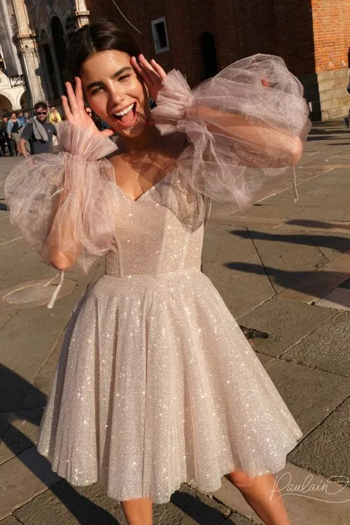 Princess Short Sequins Puffy sleeves Tulle Evening Dress Spaghetti Straps V-Neck A-Line Backless Lace Up Sexy Prom Gown