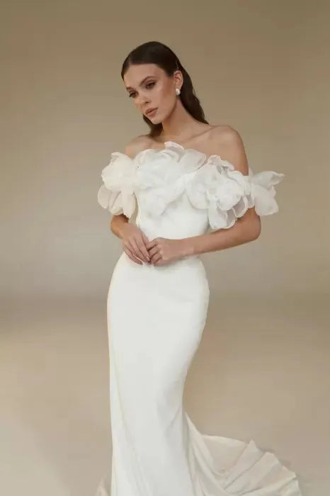Elegant Off The Shoudler Handmade Flower Sheath Mermiad Wedding Dresses Custom Made Formal Party Grown Rode De Morrie