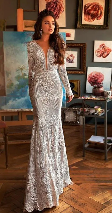 Deep V Neck Lace Mermaid Wedding Dress Backless Long Sleeves Sweep Train Boho Bridal Gown Custom Made Bohemian As Picture