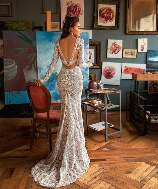 Deep V Neck Lace Mermaid Wedding Dress Backless Long Sleeves Sweep Train Boho Bridal Gown Custom Made Bohemian