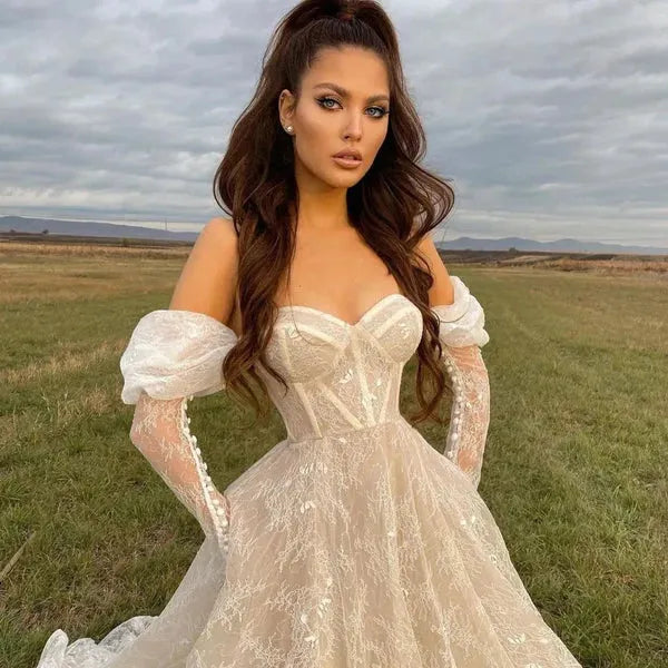 Sweethert Lace Wedding Dresses A Line Long Sleeve Bride Dress Romantic Wedding Gowns