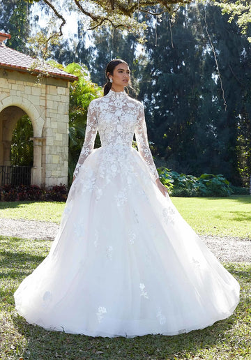 Muslim Women's Wedding Dresses Lace Applique Long Sleeve High Collar A-Line Princess Bridal Gowns свадебное платье Vestido Champagne