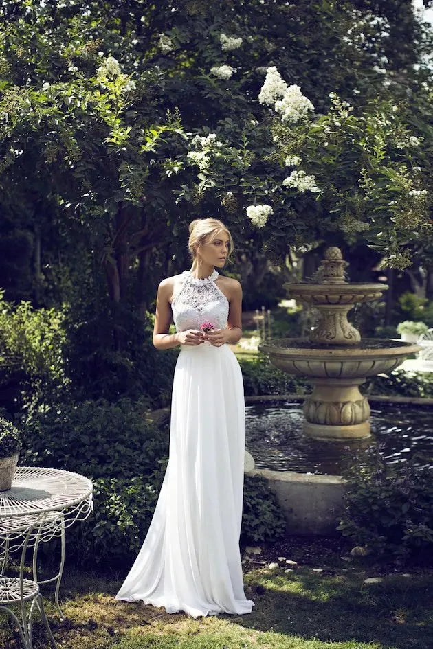 Sexy Halter Wedding Dresses White Lace Appliques Flowers A-Line Chiffon Long Dresses For Women Party Dress Custom Vestidos