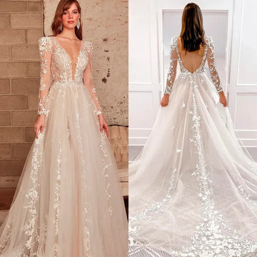 Modern Long Lace Sleeves V Neck Wedding Dresses Gowns Long Elegant Flower Formal Princess Bride Bridal Gown Dress