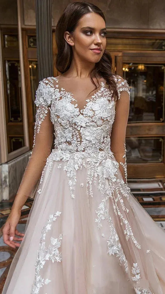 Women Luxury Wedding Dresses V-Neck Illusion Long Sleeves 3D Flower A-Line Princess Prom Dress Bride Gown Vestido De Novia