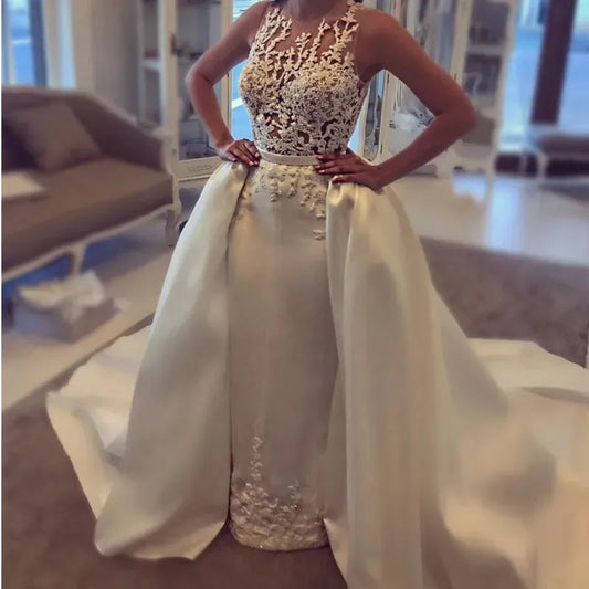 O-Neck Wedding Dress Lace Applique Beads 3D Floral Mermaid Satin Detachable Court Train Custom Zipper Or Lace-Up Back Bride Gown