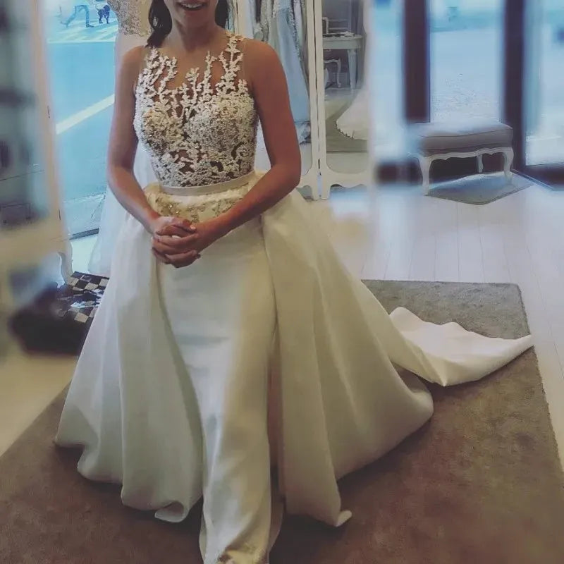 O-Neck Wedding Dress Lace Applique Beads 3D Floral Mermaid Satin Detachable Court Train Custom Zipper Or Lace-Up Back Bride Gown