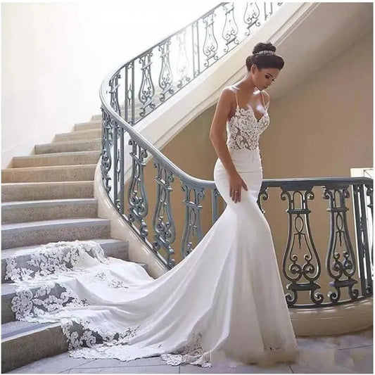 Modern Lace Satin Mermaid Wedding Dresses Sweetheart Sleeveless Bridal Gown Simple Plain Long Train Sweep Train Custom Made White