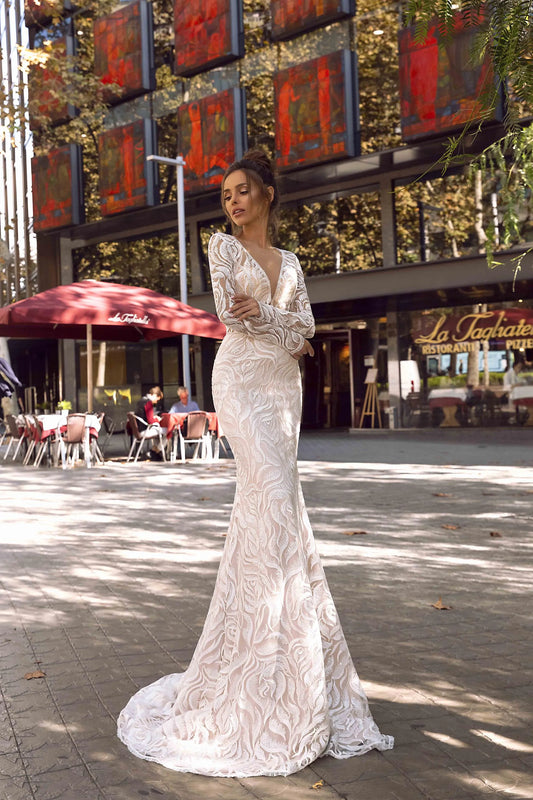 Elegant Mermaid Wedding Dresses Women Lace Open Back Long Sleeve V-Neck Bridal Gown Sweep Train Vestidos De Novia Custom Color