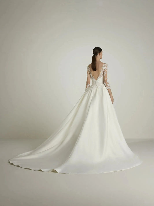 Three Quarter Sleeves Wedding Dress Modern Princess Vestido De Novia Bow Satin Court Train Sleeves Bridal Gowns White Mermaid Satin