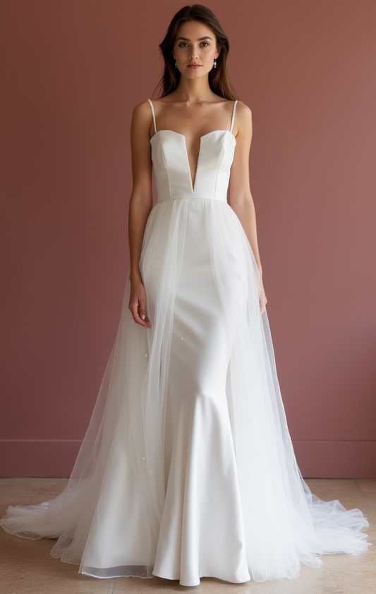 A-Line White Wedding Gown with a Cascading Train for a Majestic Bridal Look