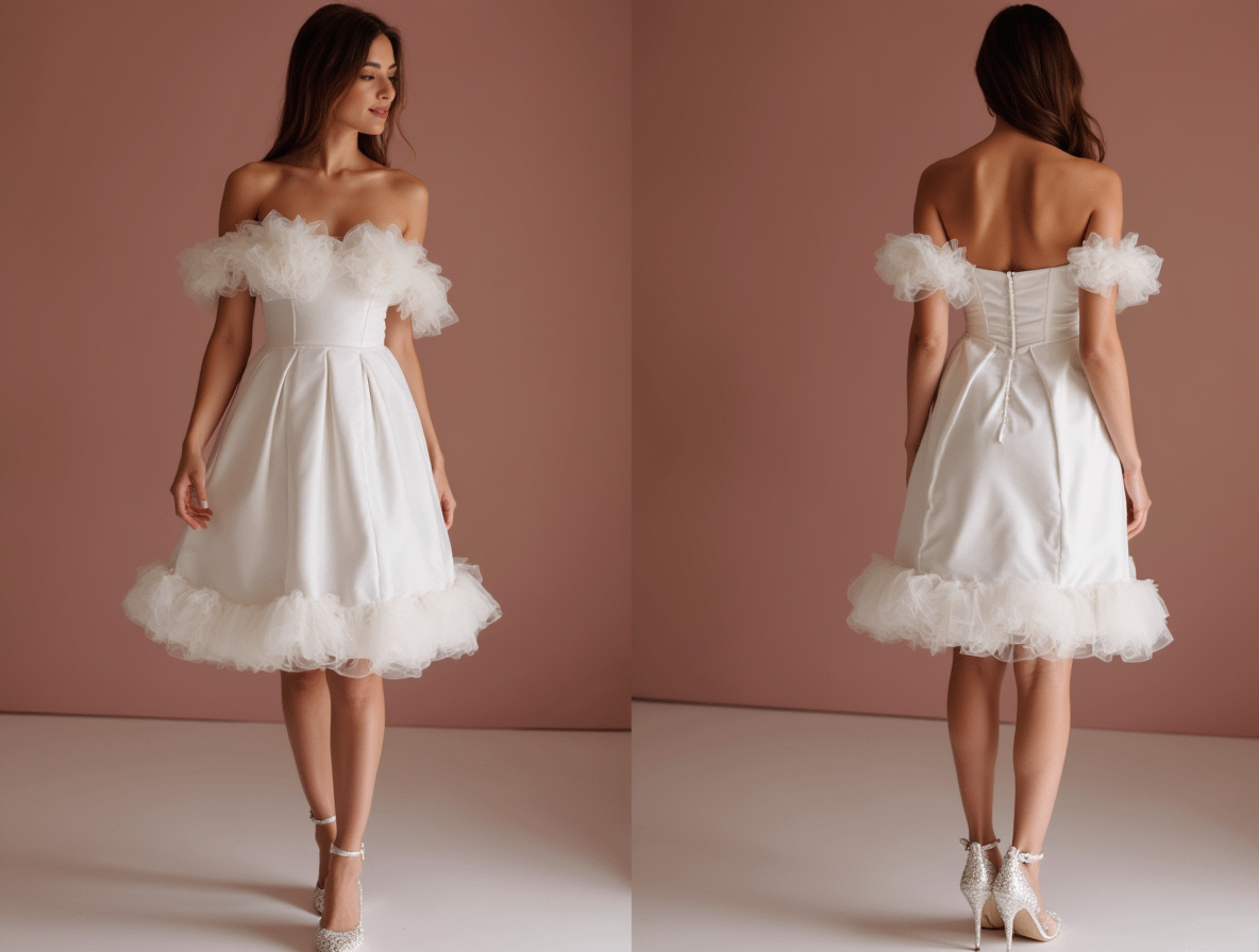 Bohemian White Mini Short Wedding Dress with a Flowing Tulle Skirt for