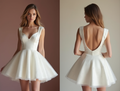 Chic White Mini Short Wedding Dress with Pearl Buttons for a Vintage and Timeless Look