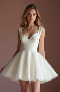 Chic White Mini Short Wedding Dress with Pearl Buttons for a Vintage and Timeless Look