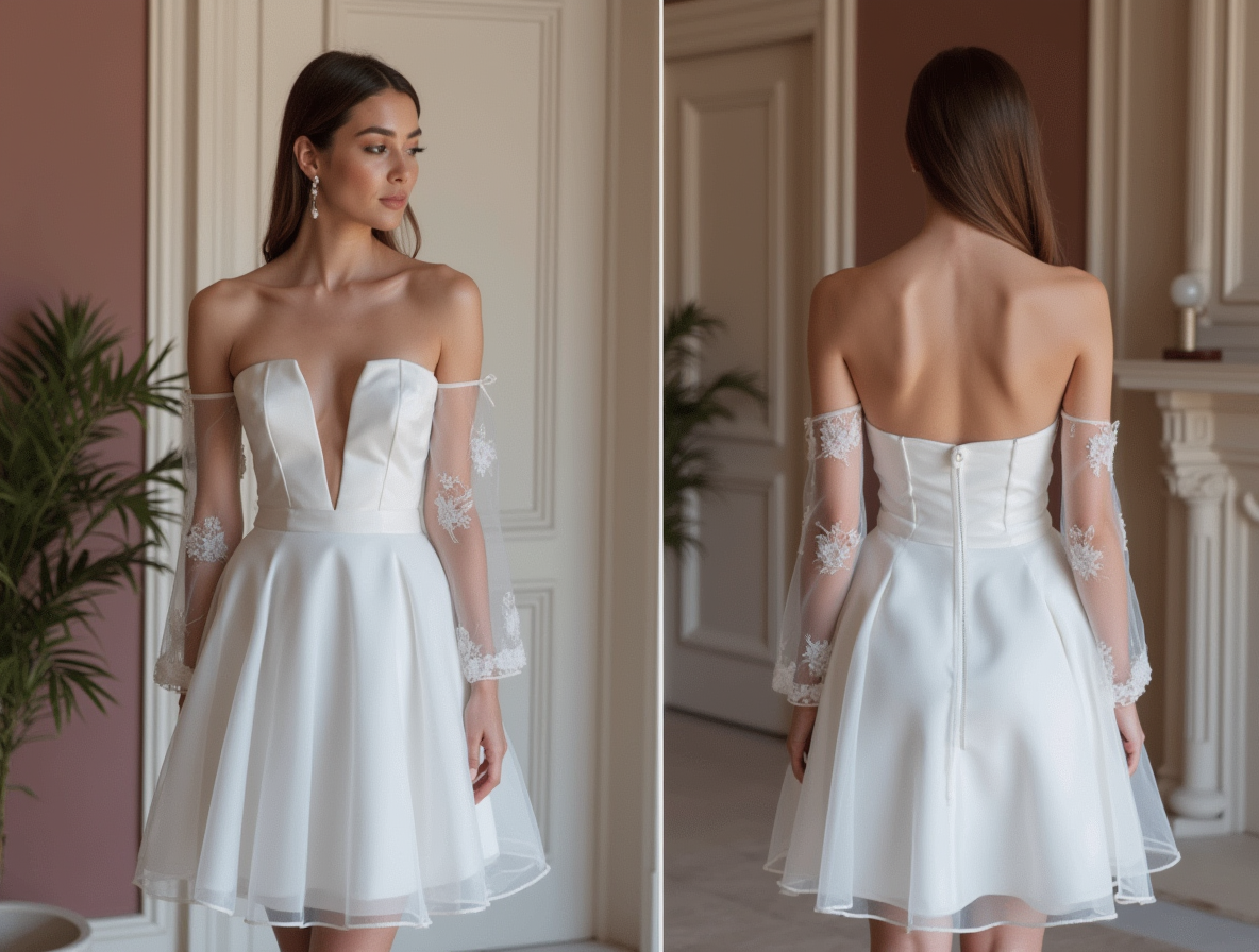 Classic White Mini Short Wedding Dress with a Wide V-Neck for an Elega