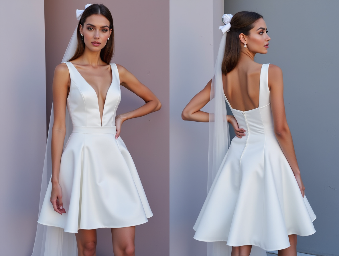 Modern White Mini Short Wedding Dress with High Slit and Sleek Silhoue