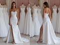 Chic White A-Line Bridal Gown with a Deep V-Neckline and Illusion Sleeves