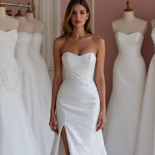 Chic White A-Line Bridal Gown with a Deep V-Neckline and Illusion Sleeves