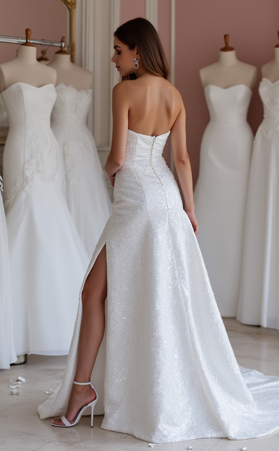 Chic White A-Line Bridal Gown with a Deep V-Neckline and Illusion Sleeves