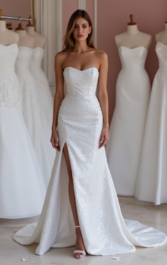 Chic White A-Line Bridal Gown with a Deep V-Neckline and Illusion Sleeves