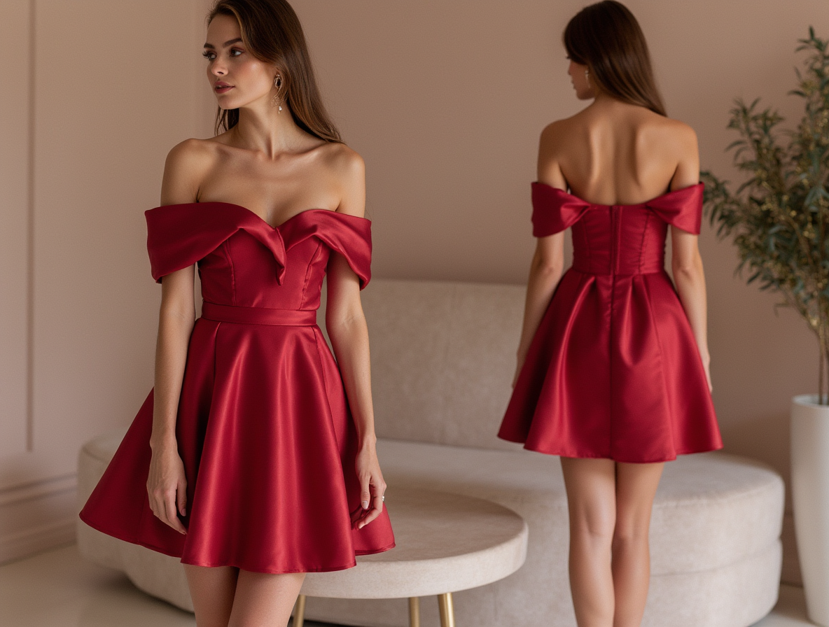 Daring Red Evening Dress & Prom Dress with Sheer Sleeves and Plunging Neckline