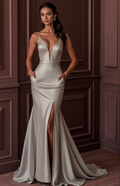 Flirty Silver Evening Dress & Prom Dress with Slit Skirt and Crystal Belt