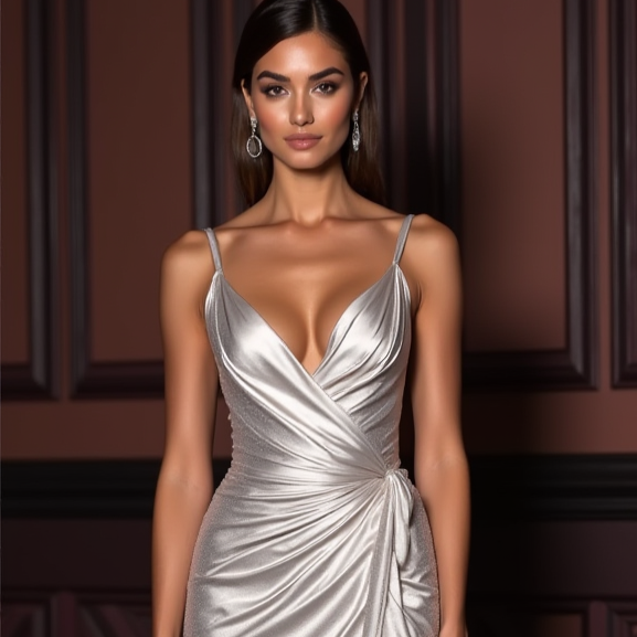 Unique Silver Evening Dress & Prom Dress with Embroidered Details and Sheer Cape