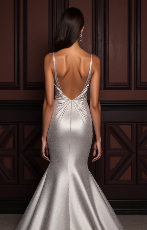 Unique Silver Evening Dress & Prom Dress with Embroidered Details and Sheer Cape