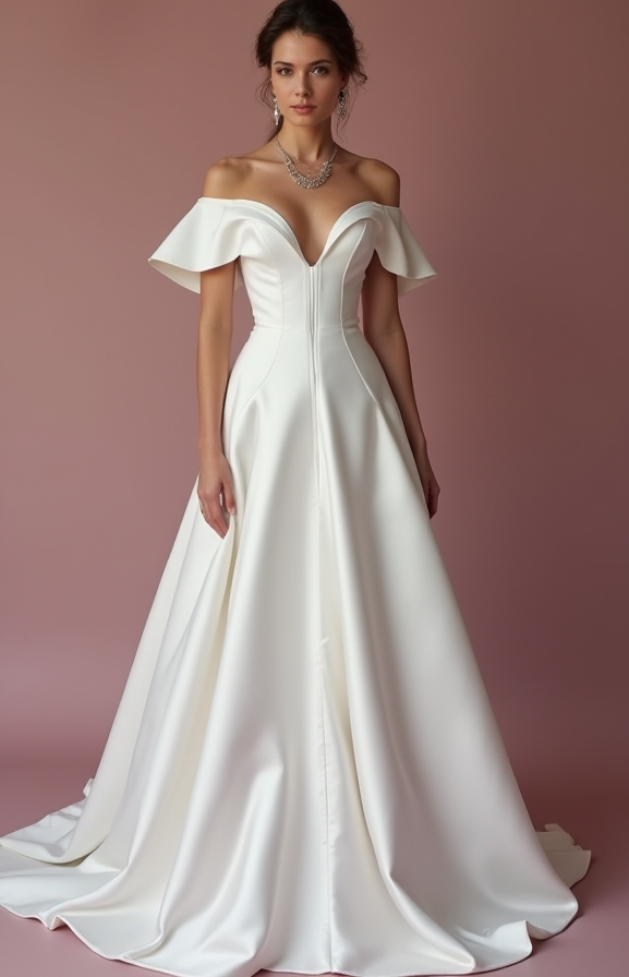 Modern White Princess Wedding Dress with a Plunging Neckline and Elegant Design