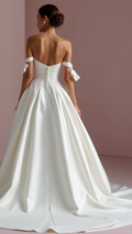 Regal White Princess Ball Gown with Off-Shoulder Draping and a Statement Train