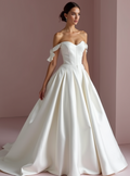 Regal White Princess Ball Gown with Off-Shoulder Draping and a Statement Train