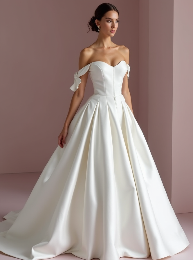 Regal White Princess Ball Gown with Off-Shoulder Draping and a Statement Train