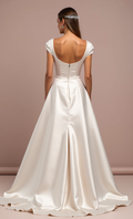 Vintage White A-Line Wedding Dress with Cap Sleeves and Embroidered Lace