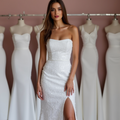 Minimalist White A-Line Bridal Gown with Clean Satin Fabric and Chic Design