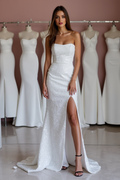 Minimalist White A-Line Bridal Gown with Clean Satin Fabric and Chic Design