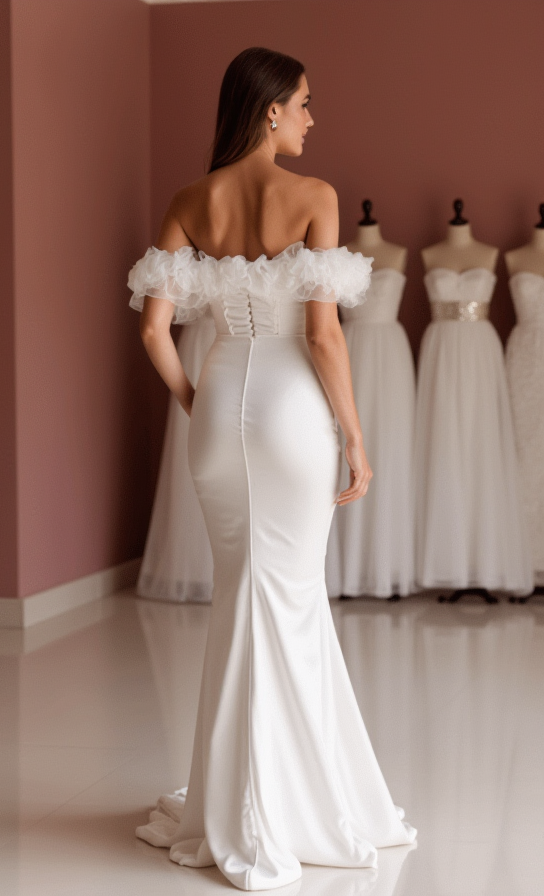 Sophisticated White A-Line Wedding Dress with Sheer Sleeves and a Flowing Train