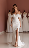 Sophisticated White A-Line Wedding Dress with Sheer Sleeves and a Flowing Train